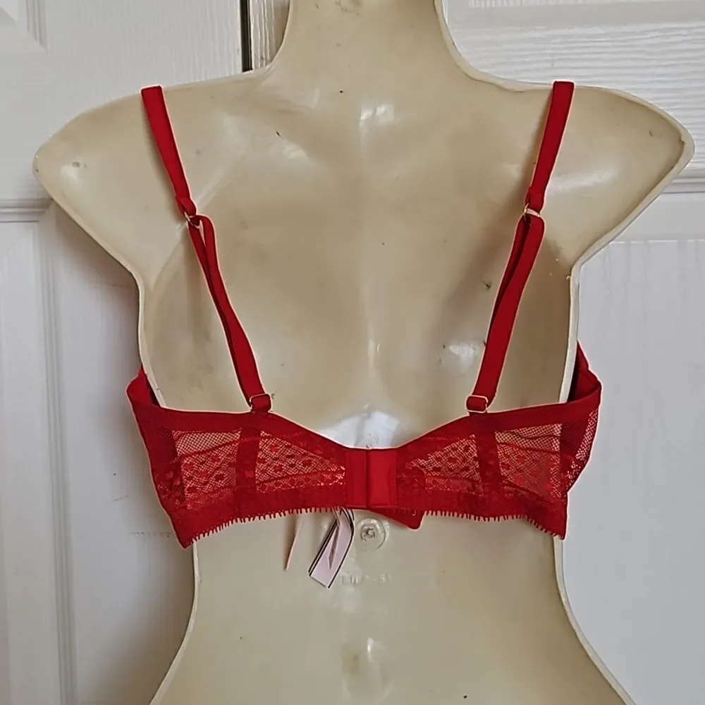 Victoria's Secret Women's Lace Underwire Lightly Padded Plunge Bra Red 32DD - Picture 4 of 16